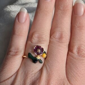 Whimsical Enamel Floral Ring 🌼 Cottagecore Garden Adjustable Sterling Silver